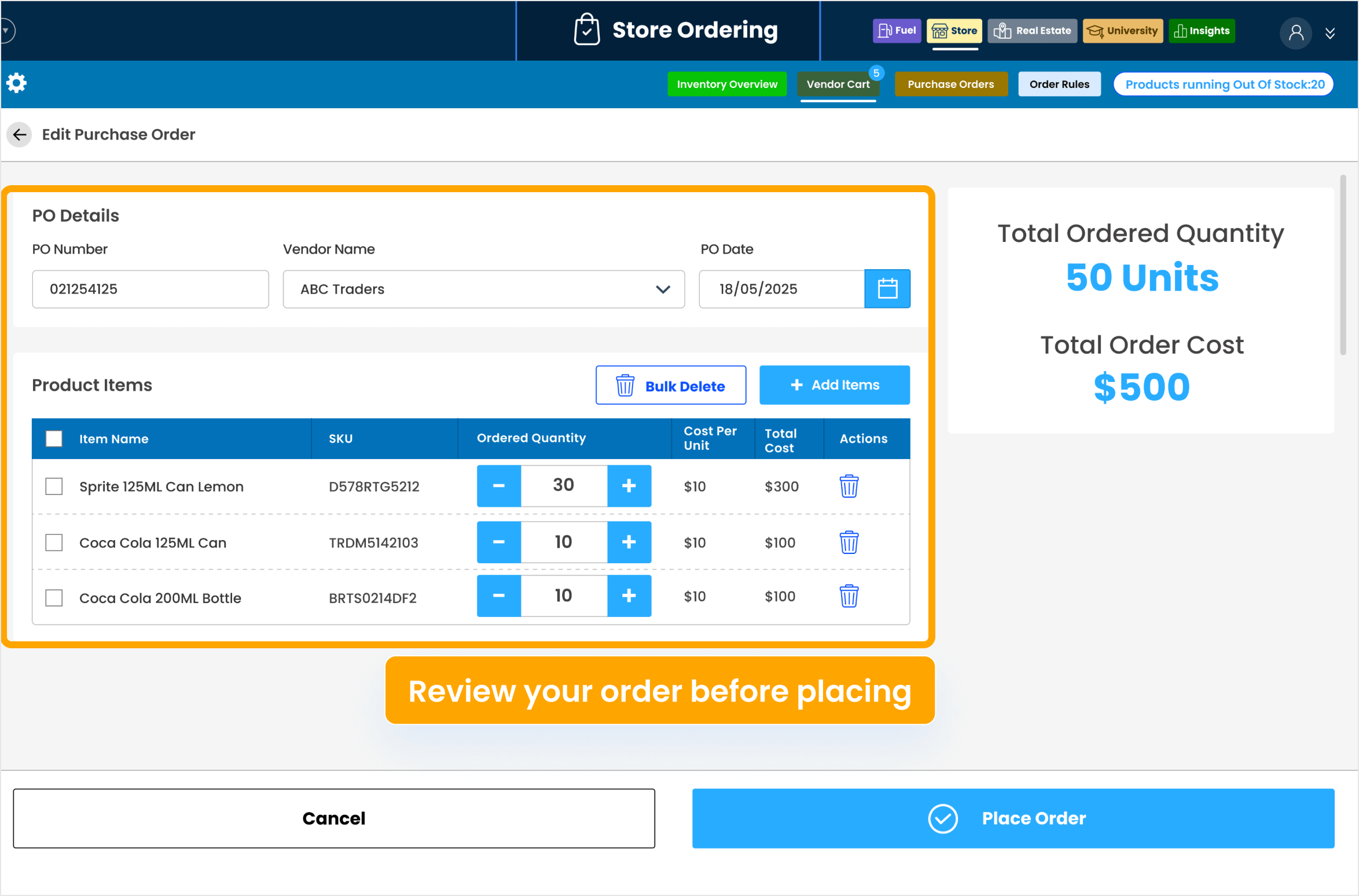Vendor cart Management carousel