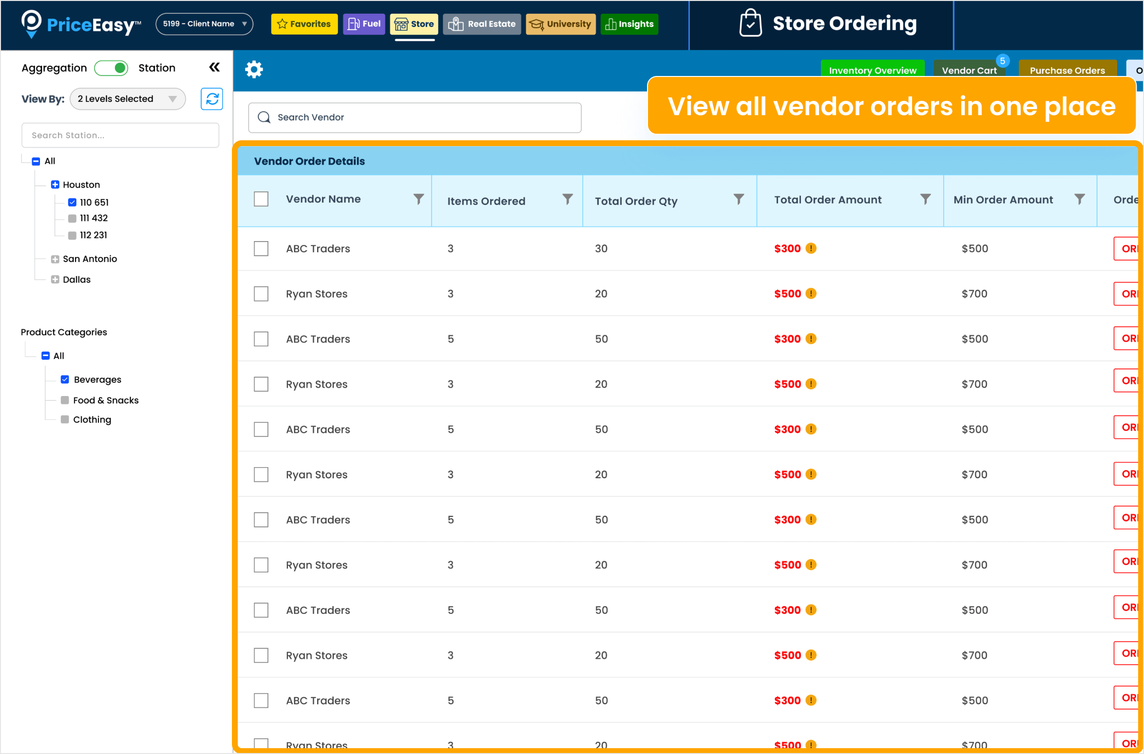 Vendor cart Management carousel